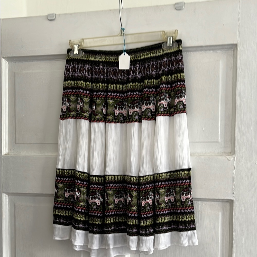 Boho Tiered White Skirt with Multicolor Ethnic Print